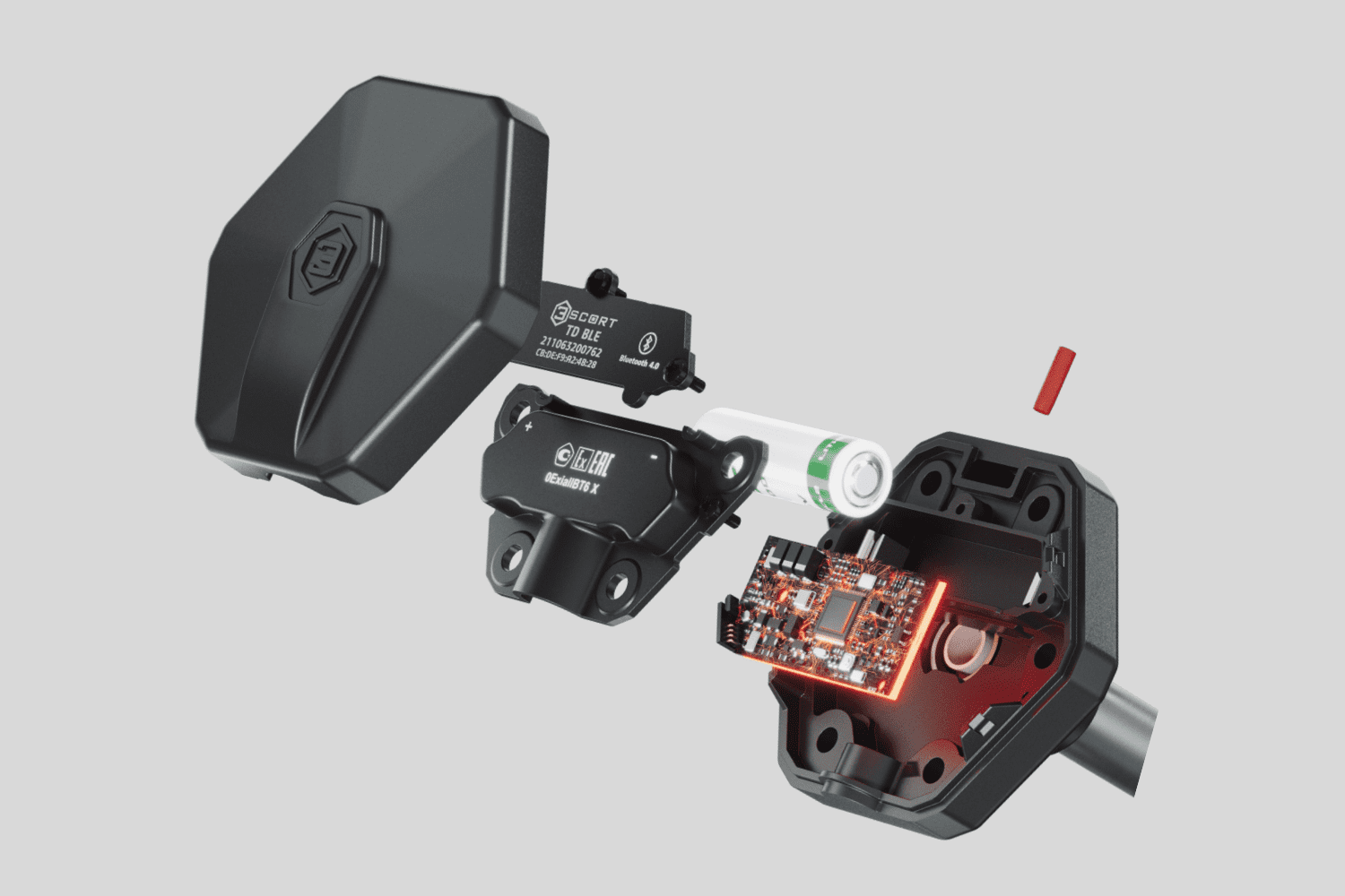 Sonda paliwa Bluetooth (BLE) w widoku rozłożonym: obudowa, bateria i elektronika