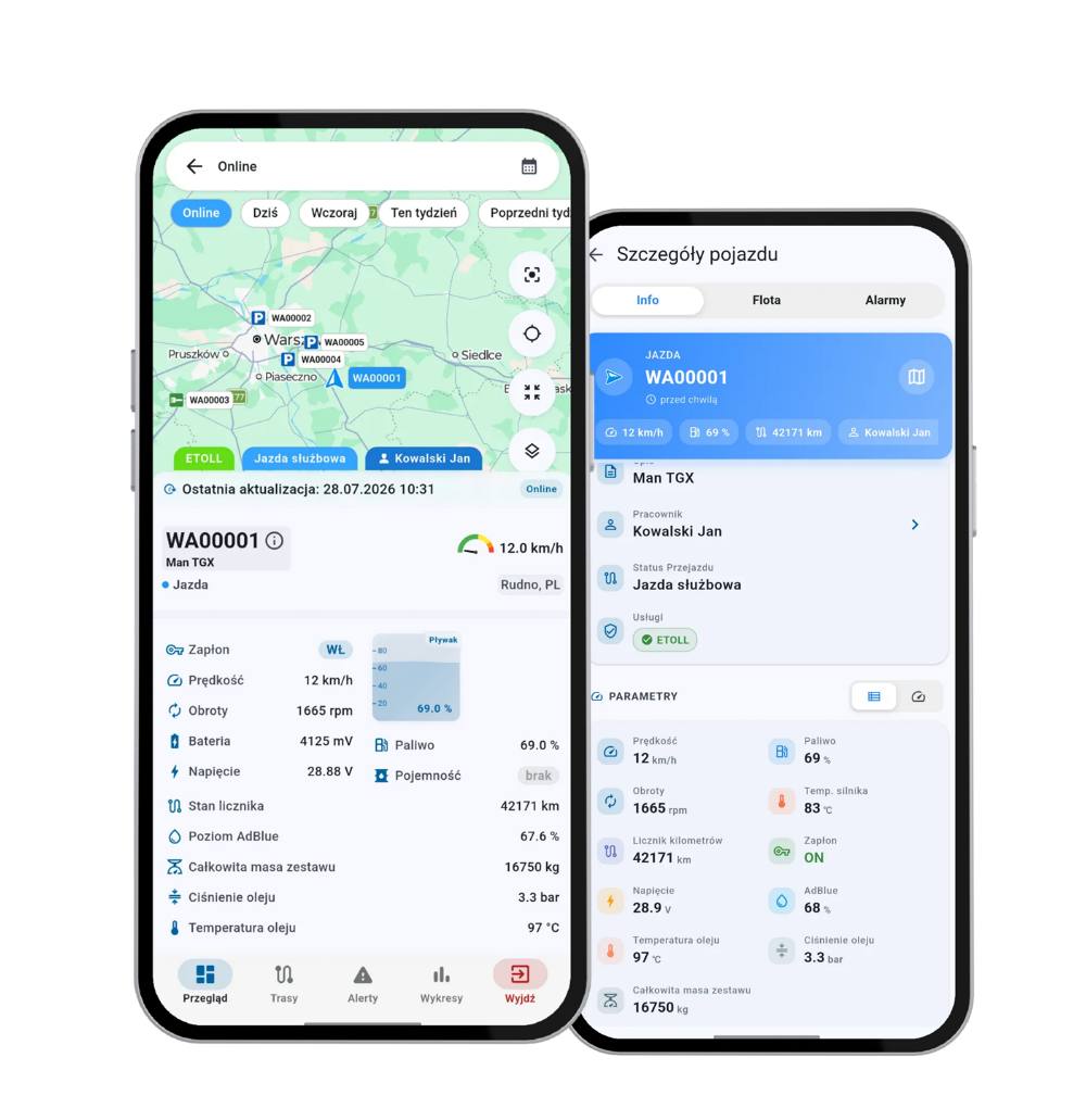 PractiQS GPS Mobile na dwóch telefonach: widok Online z mapą floty i szczegóły pojazdu z parametrami