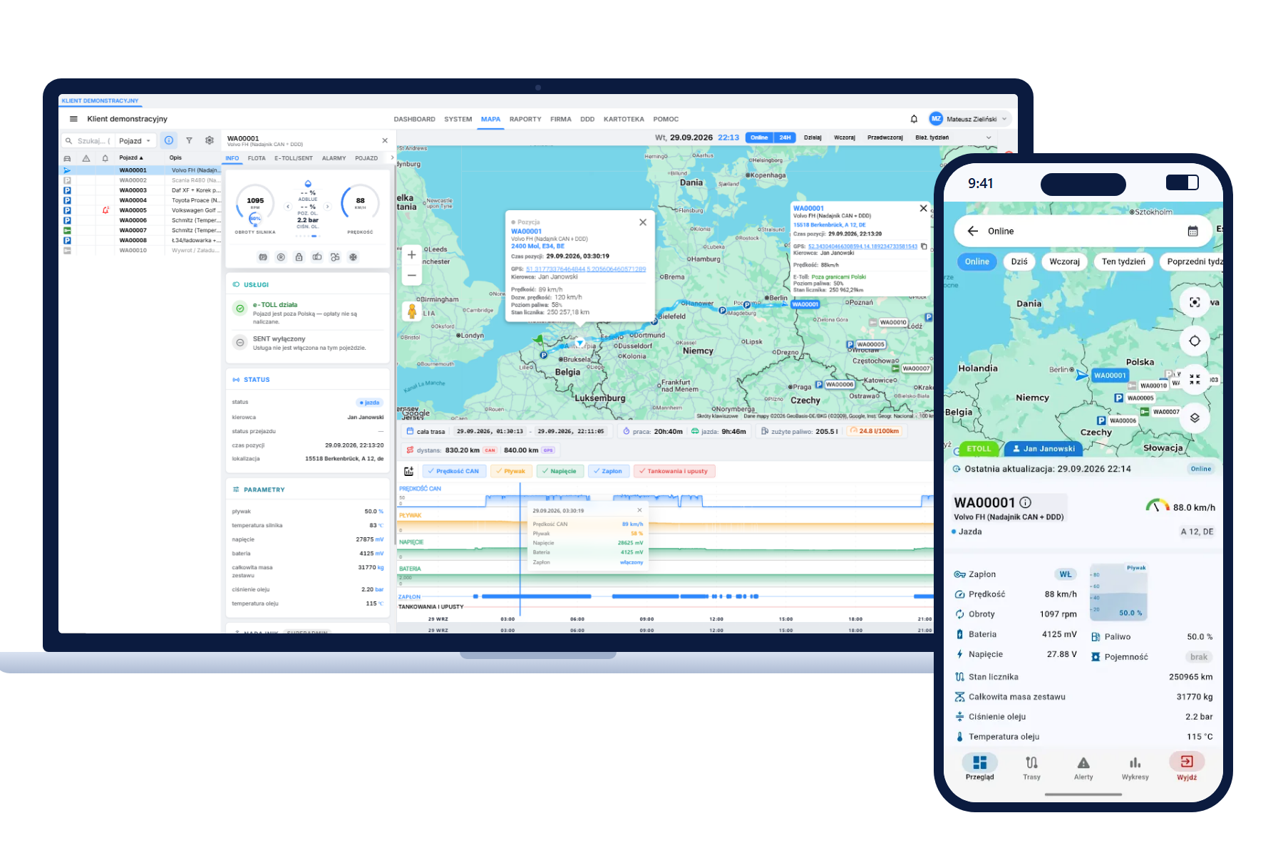 Mapa z trasą pojazdu w PractiQS na laptopie i szczegóły pojazdu w PractiQS GPS Mobile na telefonie, monitoring GPS i zarządzanie flotą
